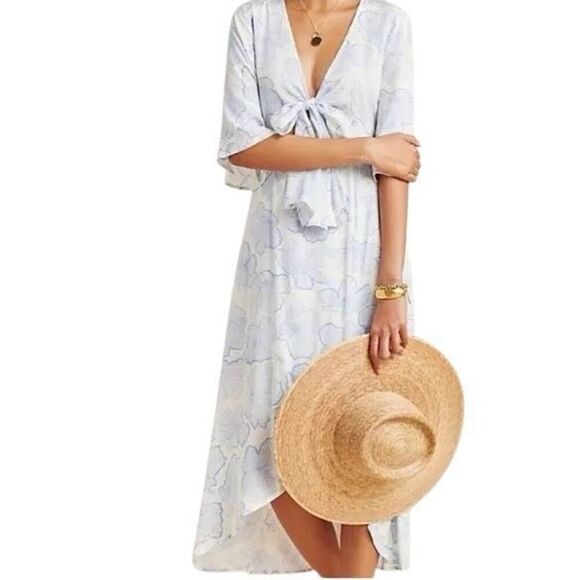 NWT L*Space Floral Faux Wrap Midi Dress Blue White Rayon Size M (038) - Picture 7 of 16